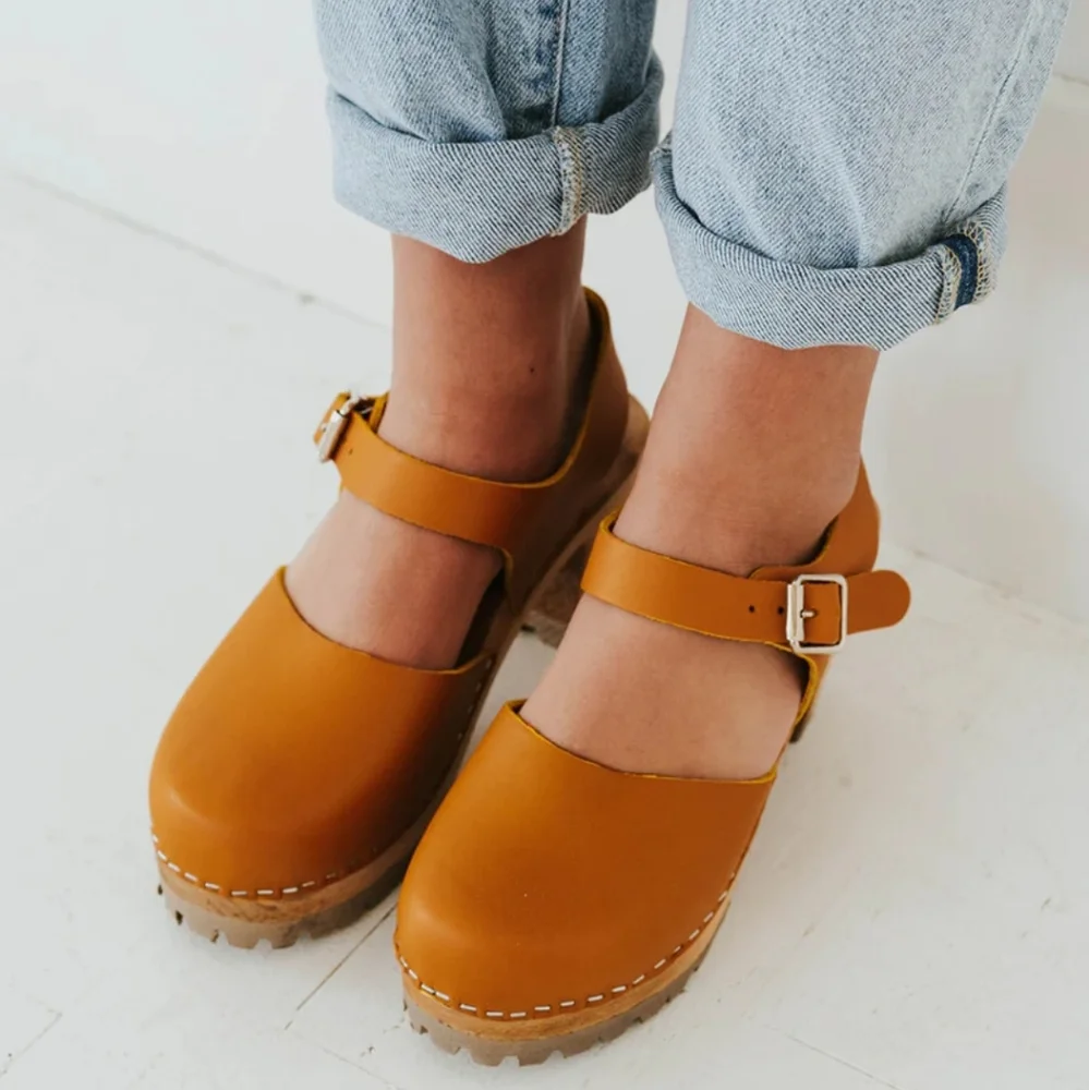 MIA Sofia Swedish Clog Free People Size 36 & 40 Mustard Yellow Leather Mary Jane - Picture 3 of 13